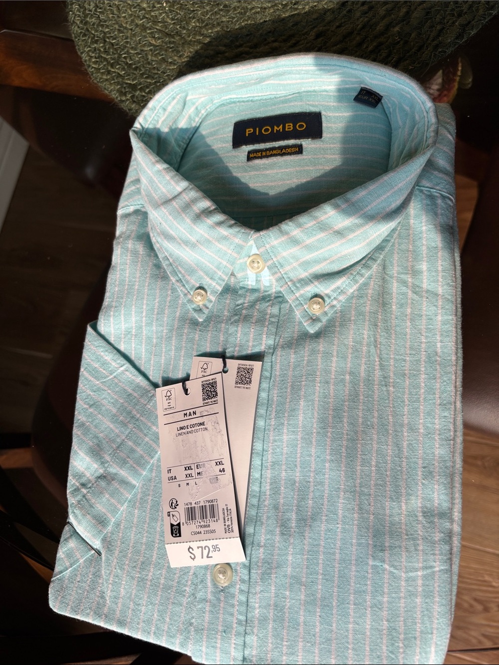 Piombo NWT Men's Mint Green and White Striped Button-Down Shirt Size XXL